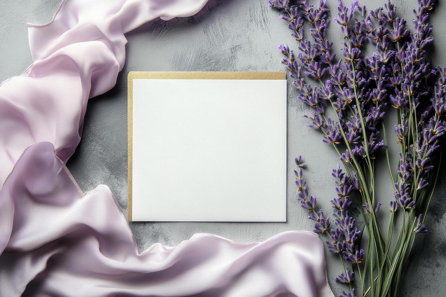 Elegant Lavender Arrangement With Blank Card on Soft Fabric Background for Personalized Messages photo