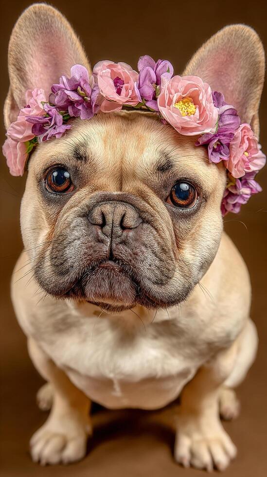 French Bulldog Wearing Floral Crown in Studio Setting While Sitting Gracefully. photo