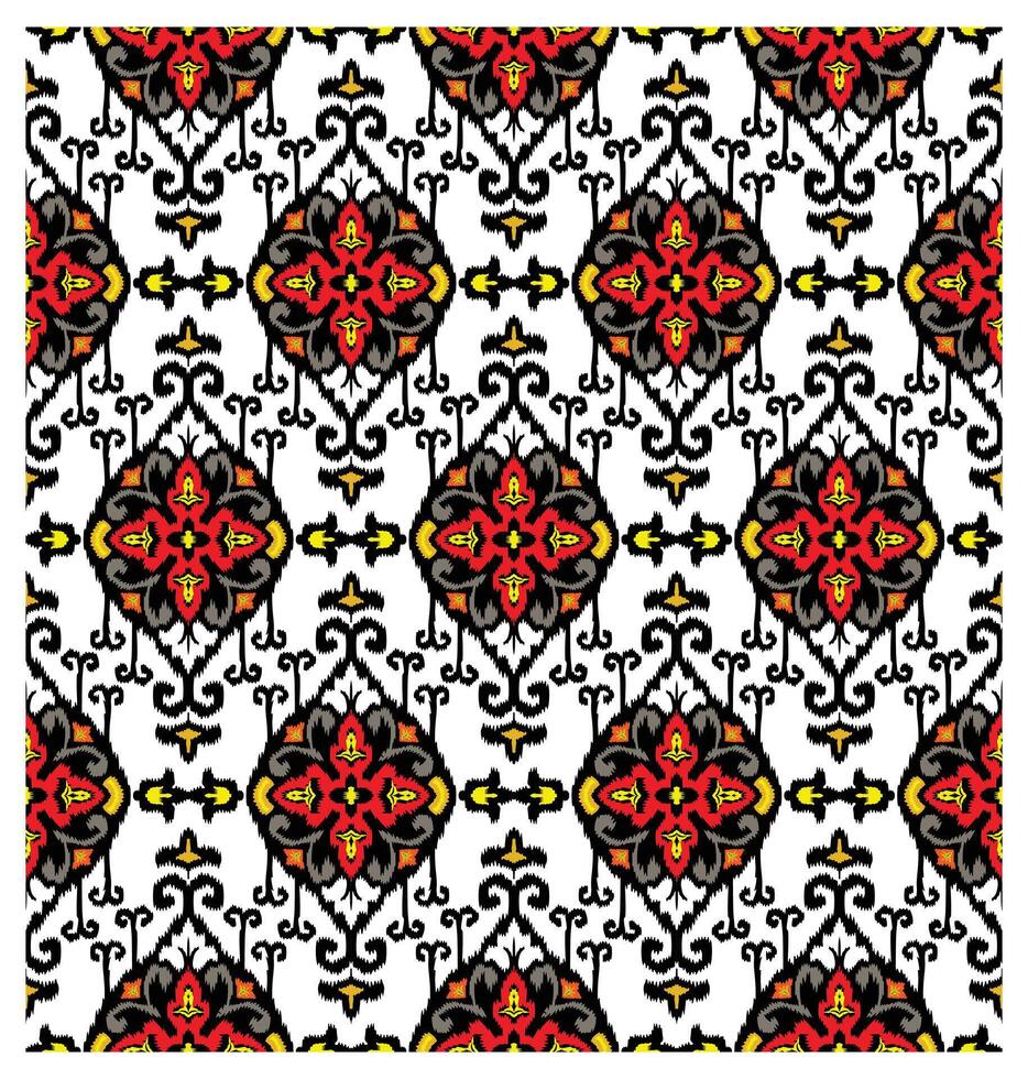 A vibrant paisley textile pattern featuring intricate red, black, and yellow floral motifs on a white background, repeating symmetrically. vector
