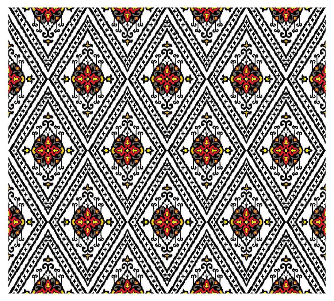 A decorative paisley seamless design showcasing red and yellow flowers arranged in a repeating pattern. vector