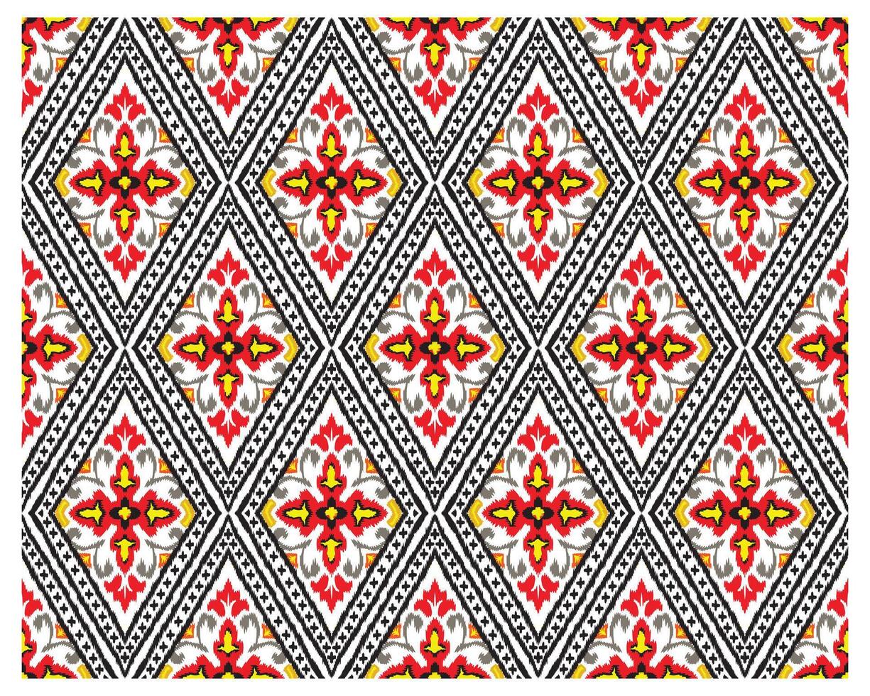 Bold paisley diamond patterned fabric featuring intricate floral motifs in red, yellow, and gray against a black and white background. vector