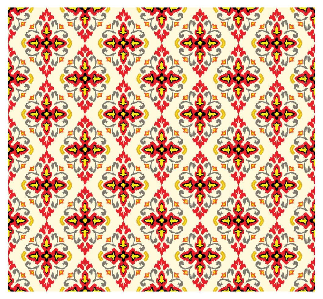Colorful paisley floral damask seamless print pattern with intricate red, yellow, and black designs on a light cream background. vector