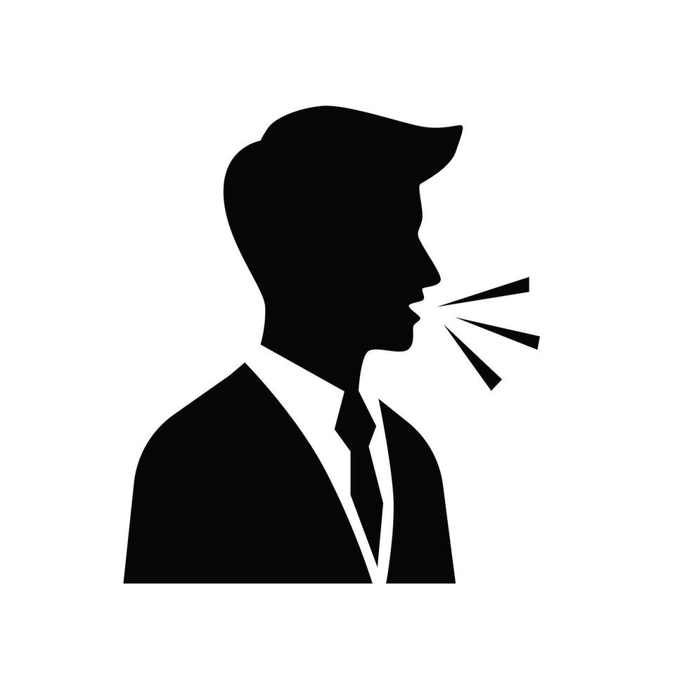 dark black silhouette of speaking person boss head emoji icon with lines demonstrating speech vector
