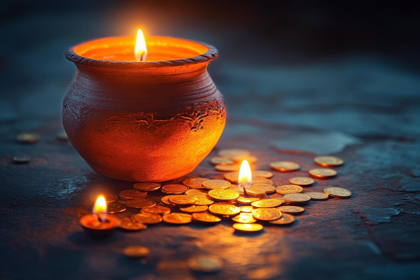 Candles Illuminate a Clay Pot Surrounded by Coins During a Serene Evening Atmosphere. photo