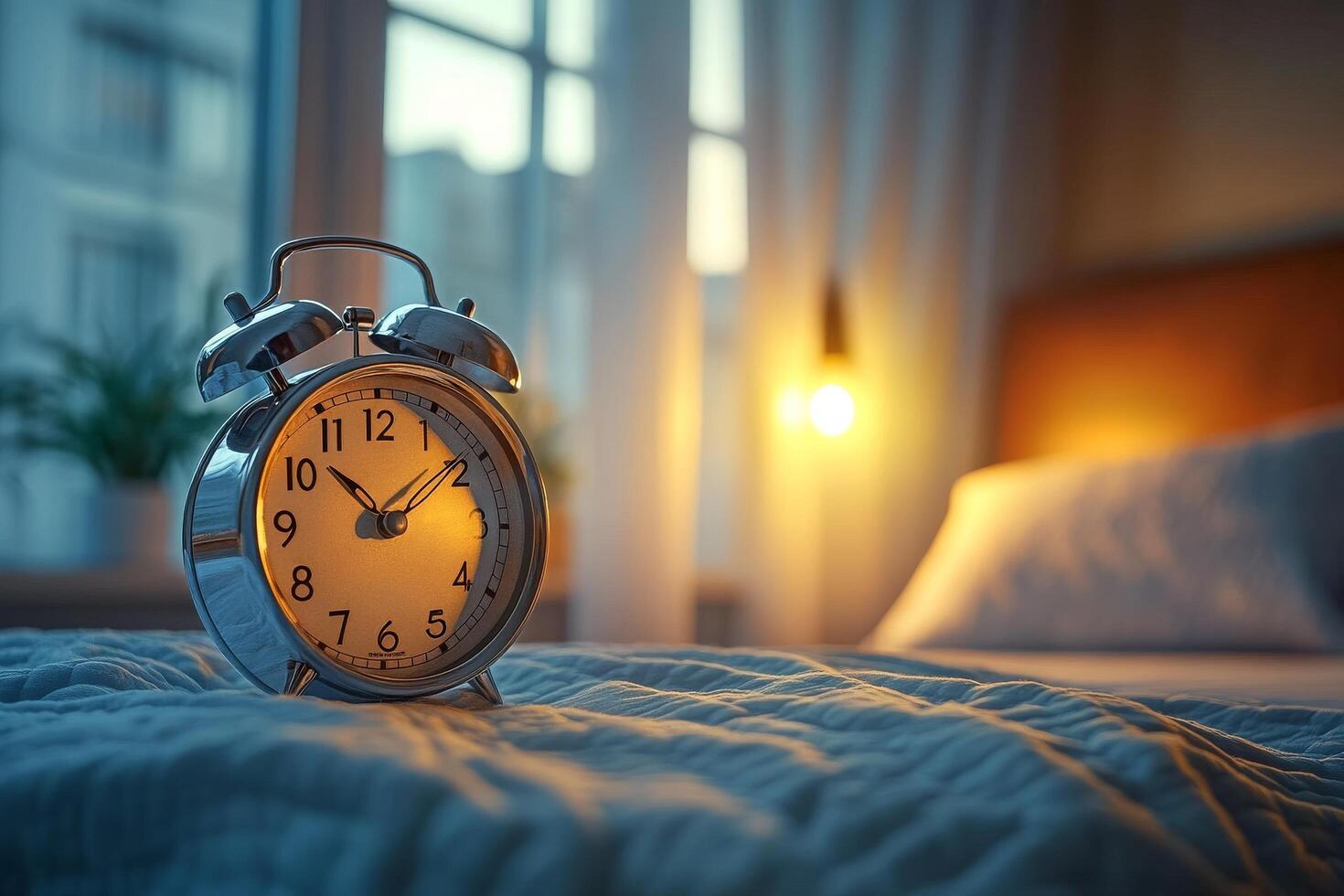 Bright Morning Light Illuminates Vintage Alarm Clock on Cozy Bed photo