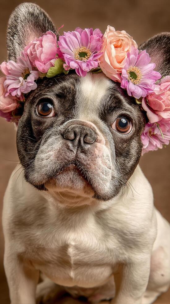 Cute Dog Wearing a Flower Crown Posing for a Portrait on a Pink Background photo