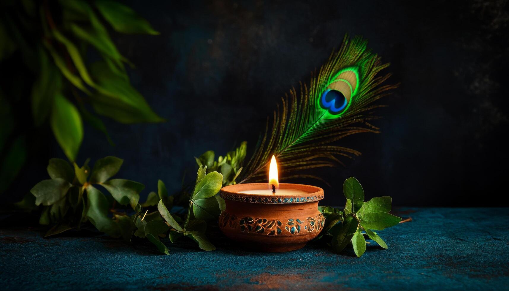 Candlelight With Decorative Peacock Feather and Green Foliage on Textured Surface in Dim Lighting. photo