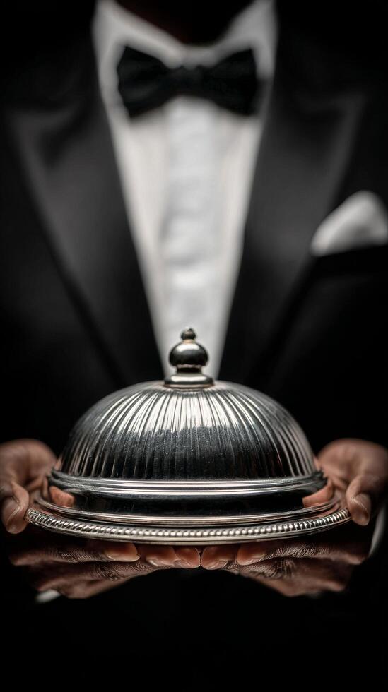 Elegant Server Presents Gourmet Dish Under Cloche at Formal Event With Refined Atmosphere. photo