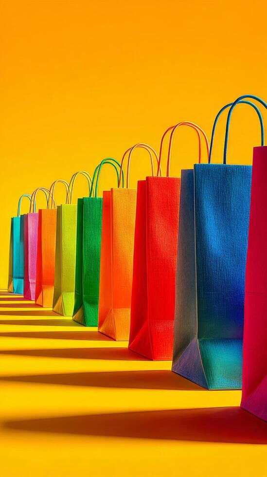 Colorful Shopping Bags Lined up Against a Bright Orange Background. photo
