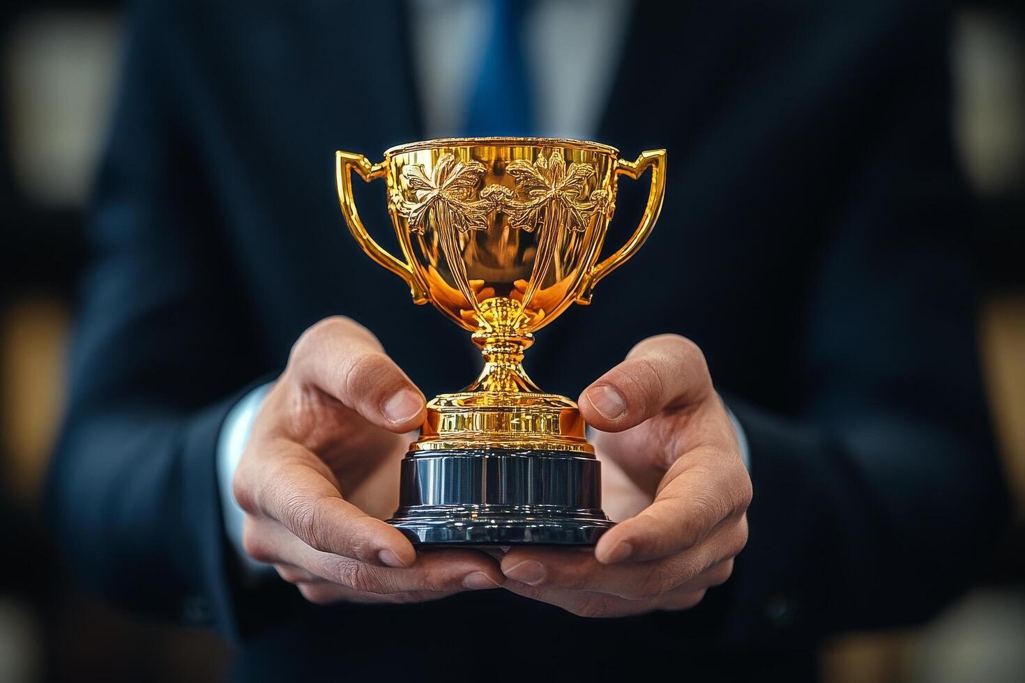 Celebration of Achievement With a Golden Trophy Held in a Suit photo