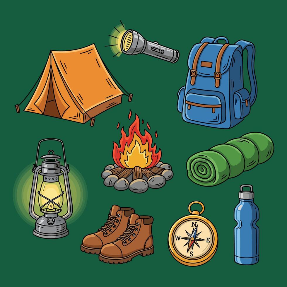 Camping Gear Essentials Sticker Collection vector