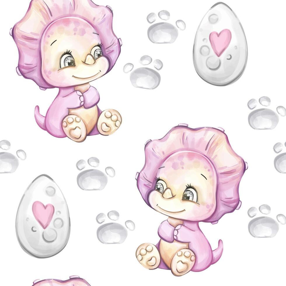 Charming baby dinosaurs in soft pink hues sit beside heart shaped eggs with footprints on a white backdrop, creating a delightful and whimsical pattern for various design uses. vector