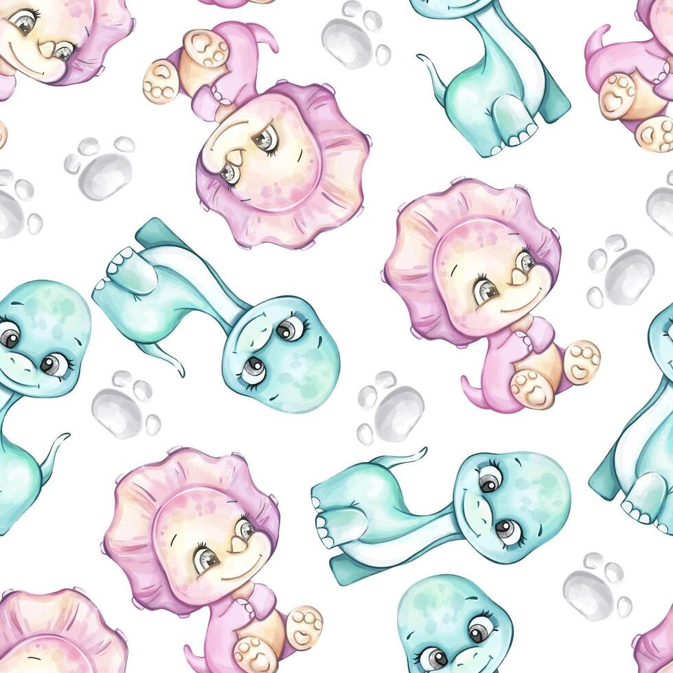 This seamless pattern showcases adorable cartoon dinosaurs and whimsical flower characters in soft pastel colors, creating a charming and playful design ideal for wallpapers and crafty projects. vector