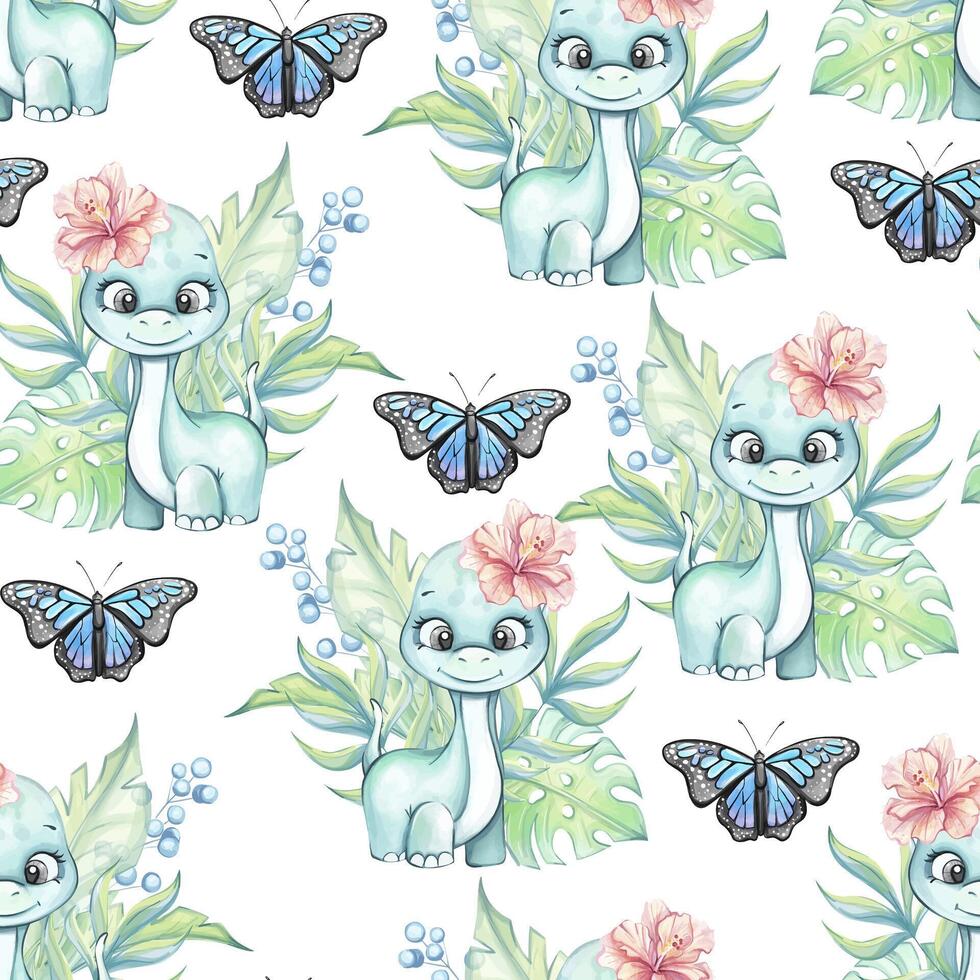 Colorful dinosaur pattern with butterflies vector
