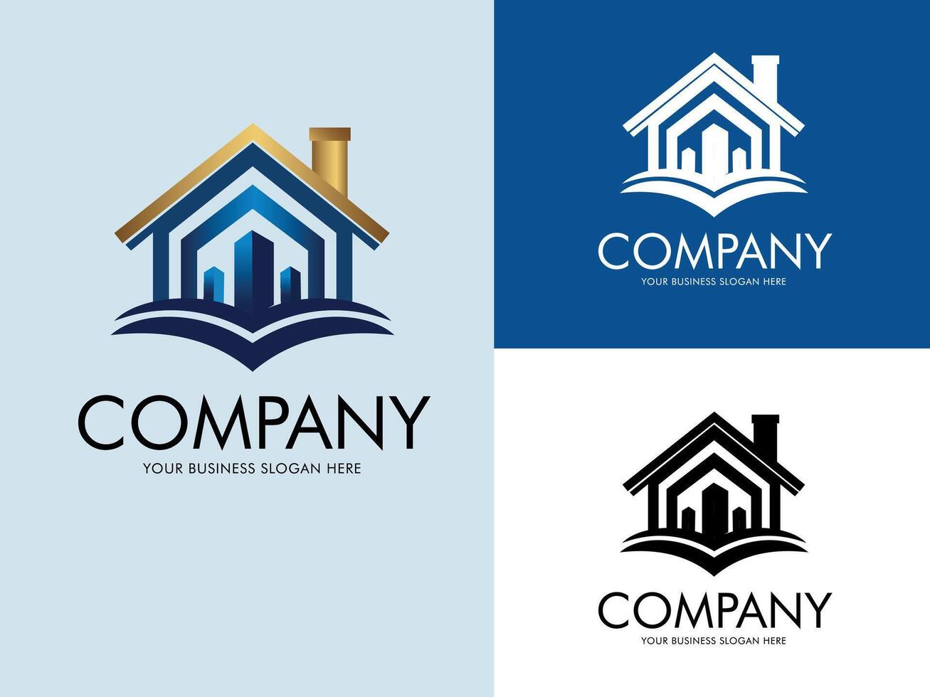 House Roof and City Building Logo Design with Book Curve - Construction or Real Estate Branding vector