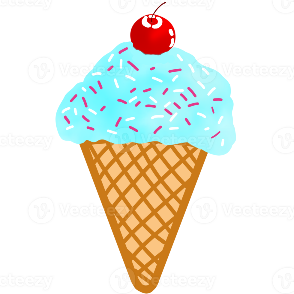 Sprinkle blue ice cream in the cone with cherry on top illustration. png