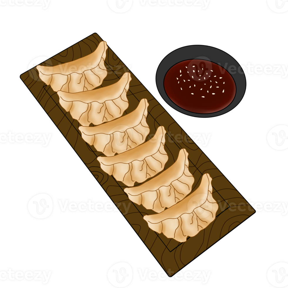 Japanese Gyoza on a rectangle wooden plate, Japanese food, Dumplings illustration png