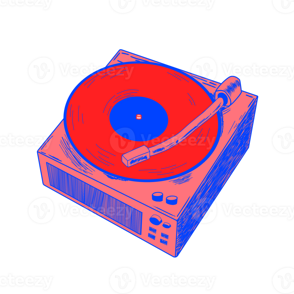 Red vinyl on a pink and blue vinyl music player, cute turntable illustration png