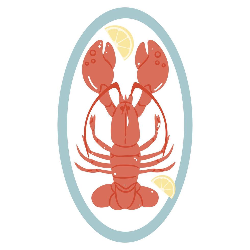 Simple illustration of a cooked lobster on a plate with lemon slices, perfect for seafood and gourmet food themes. vector