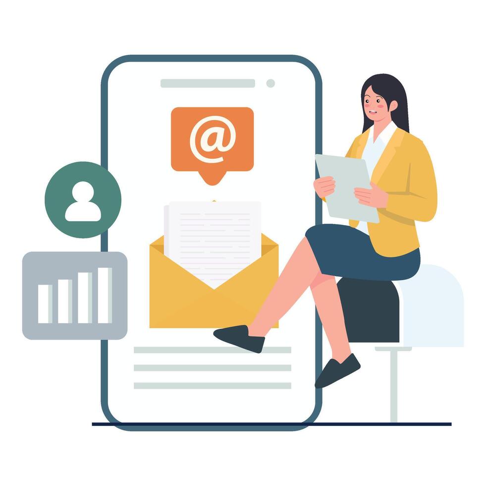 A woman checking digital letters on a tablet, representing email marketing and subscriber communication. vector