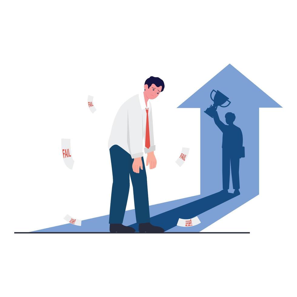 A tired businessman surrounded by failed attempts walking toward a shadow of victory. vector