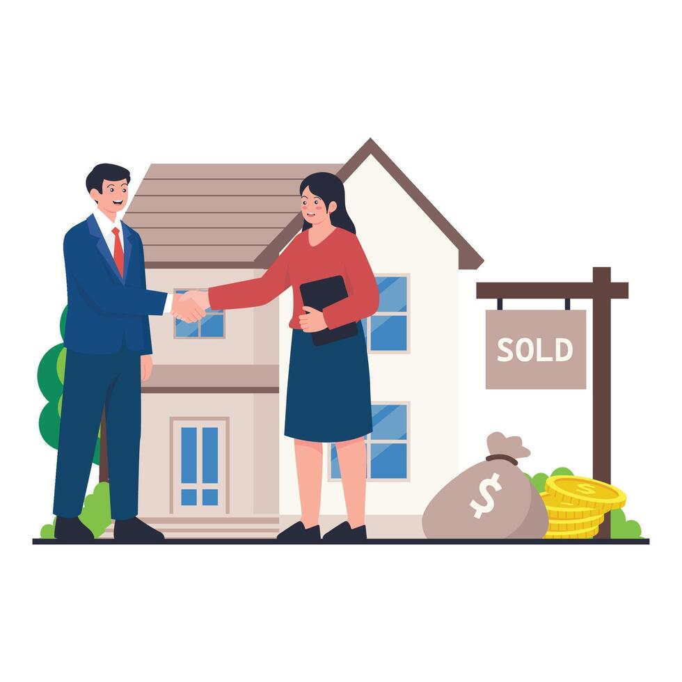 A real estate deal is finalized with a handshake, coins, and a bag of money beside a sold house. vector