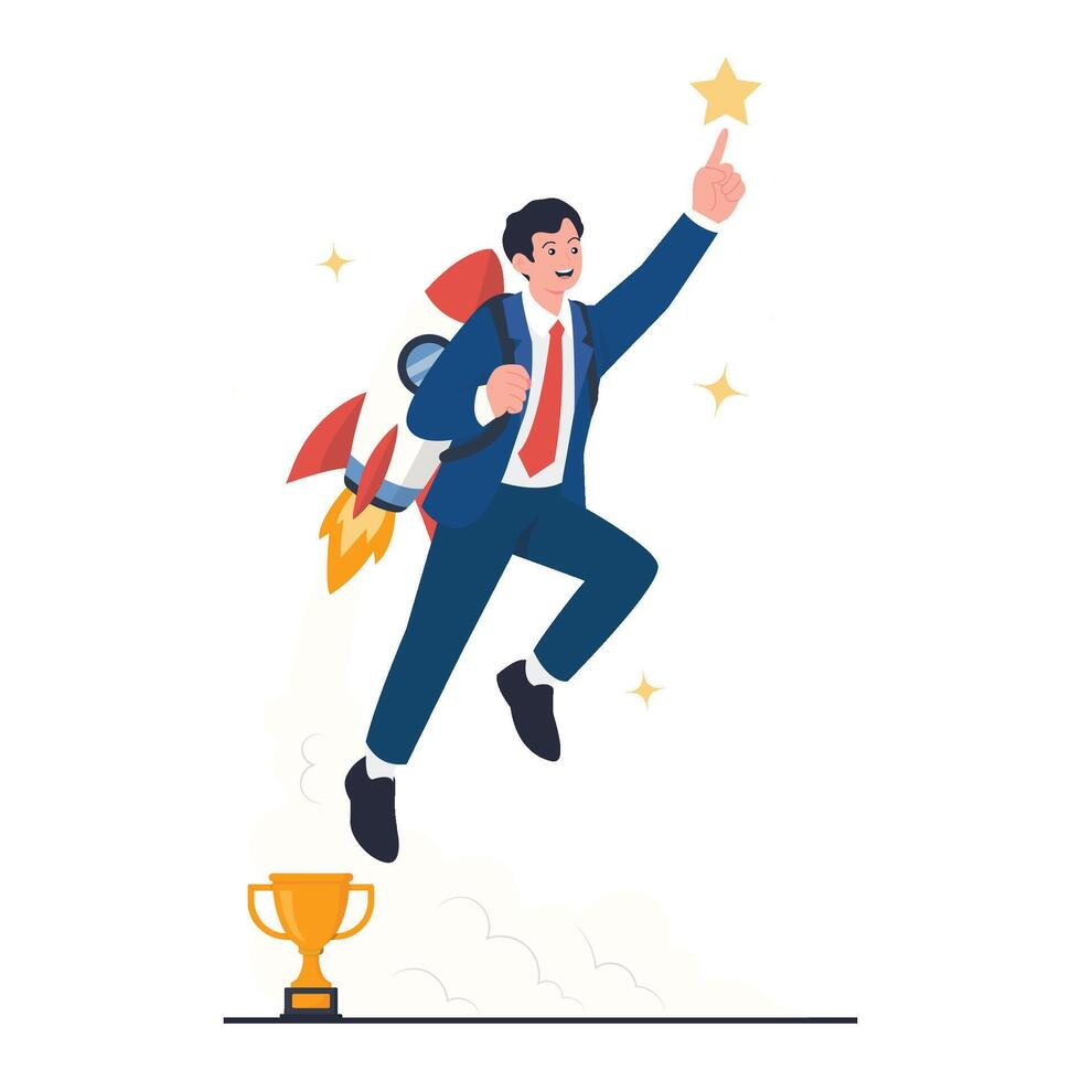 A businessman with a jetpack launches toward a shining star, symbolizing rapid career progress and high ambition. vector