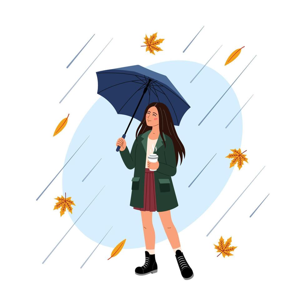 Happy girl with cup of coffee under an umbrella is walking in rain. Good vibes, positive attitude illustration. Walking in the Rain vector