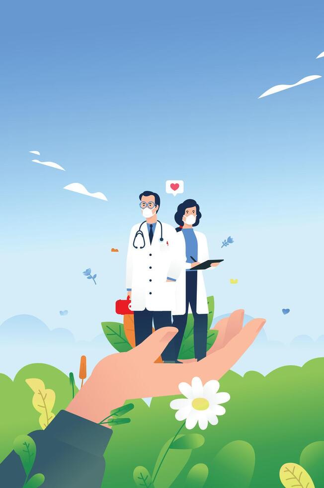 Illustration of the heroes of doctors who stand on the palm of their hand among plants. . A symbol of caring and empathy. The picture for the poster. Medical Worker's Day. vector