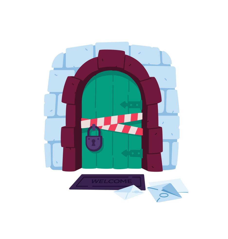 Illustration of a closed door in a lock. The massive door is locked, the forbidden tapes. The entrance is closed, there is no passage. Flat style. An image for design projects and websites. vector