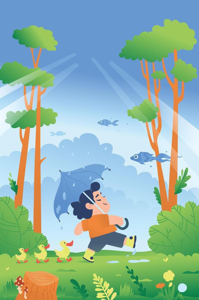 Illustration of a boy with an umbrella walking through the woods with ducks. Children's illustration. A picture for a children's book. vector