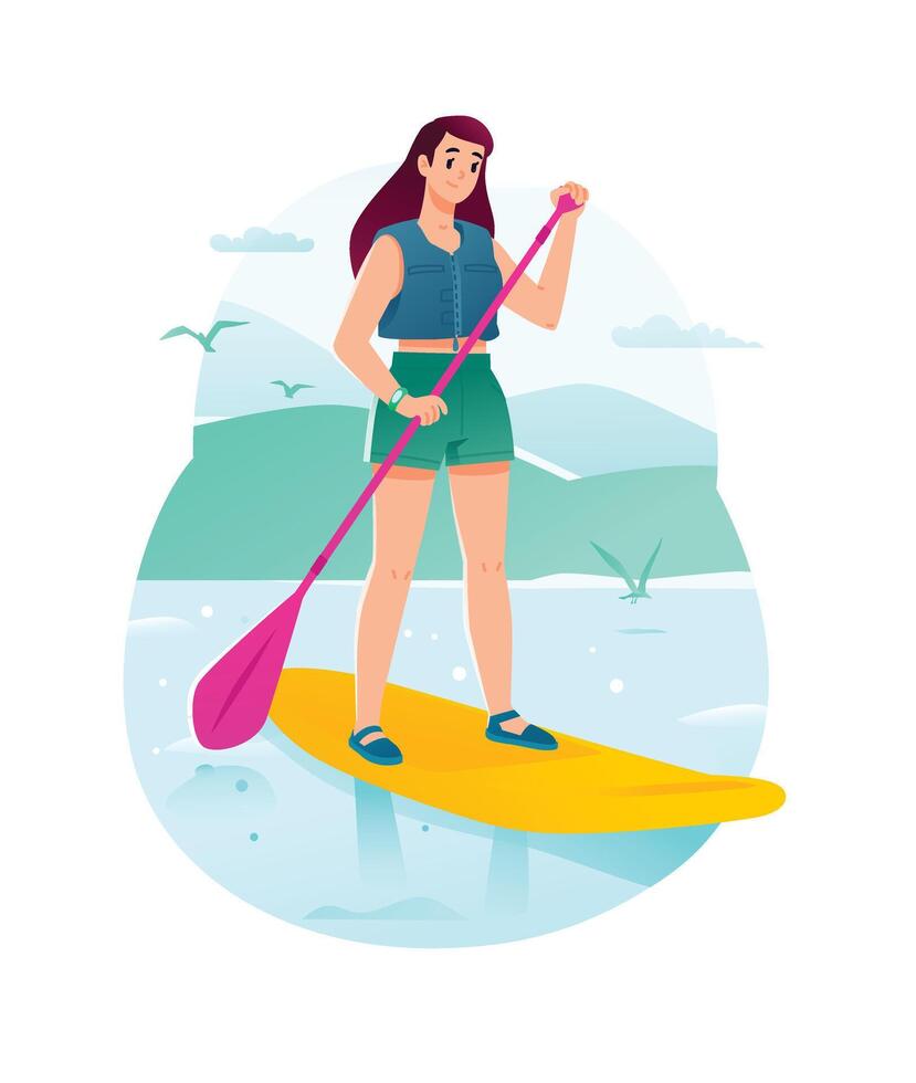 Illustration of a young girl on a boat with an oar. . Flat style. Illustration for for design projects. The character is floating on the sea or lake. vector