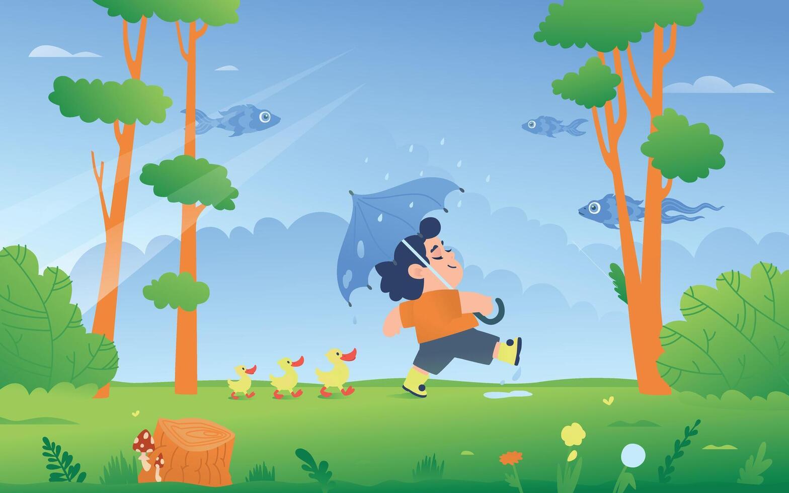 Illustration of a boy with an umbrella walking through the woods with ducks. Children's illustration. vector