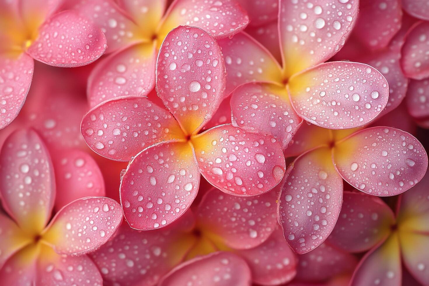 Rain-kissed Pink Flowers With Vibrant Yellow Centers Captured in a Close-Up View. photo