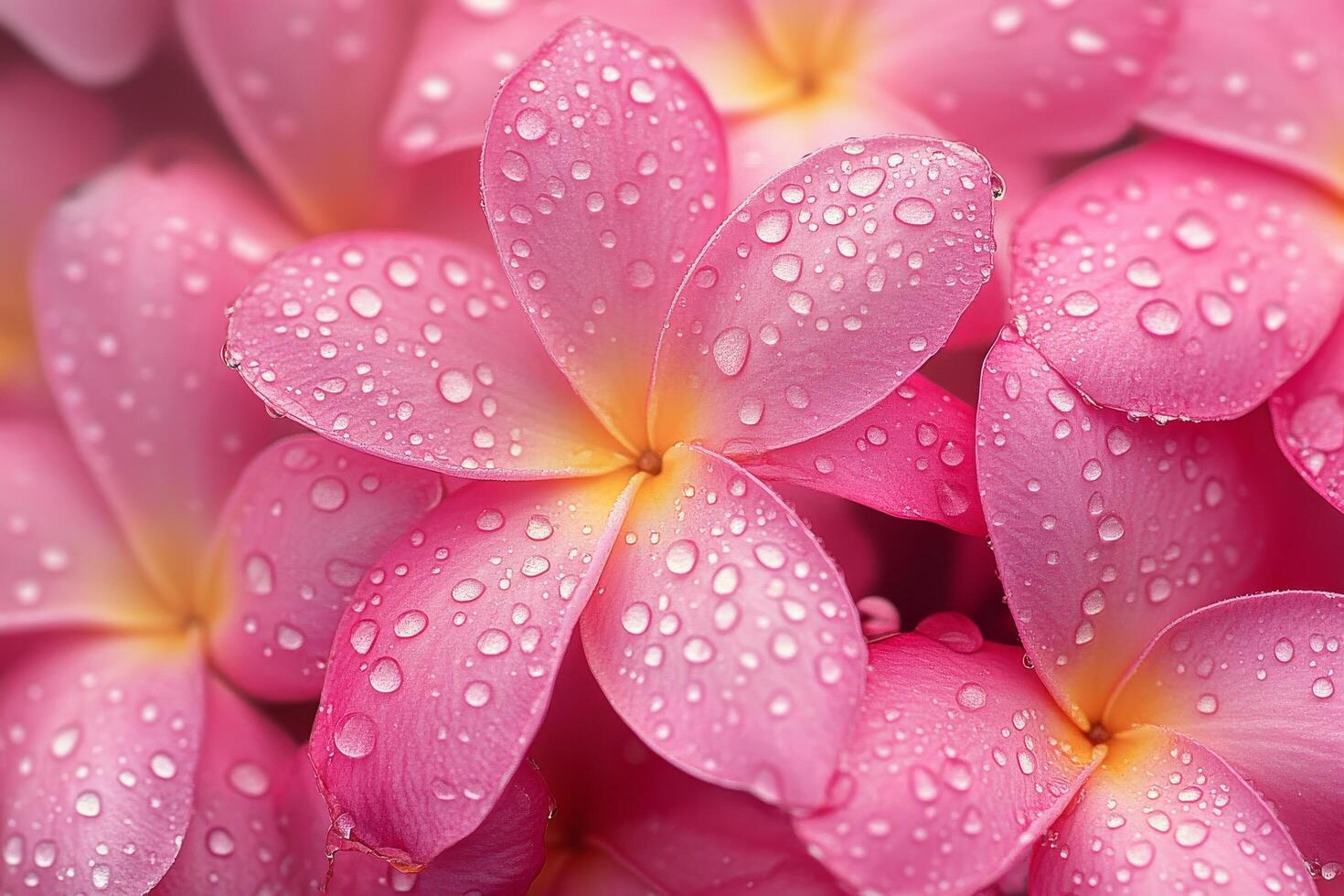 Pink Plumeria Flowers Glistening With Dewdrops in a Tropical Garden After the Rain. photo