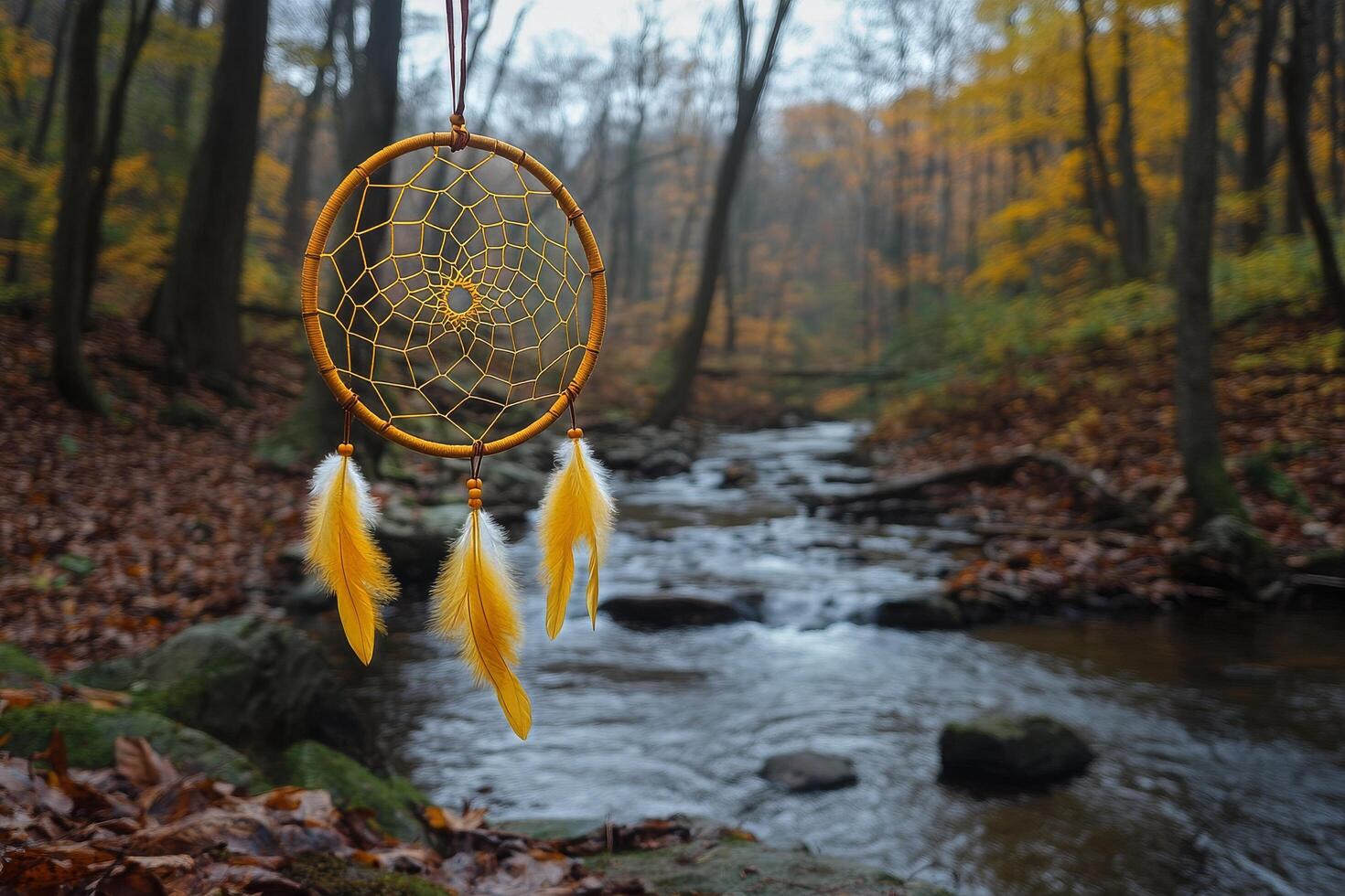 Dreamcatcher Hangs Near a Serene River in Autumn Surrounded by Colorful Trees photo