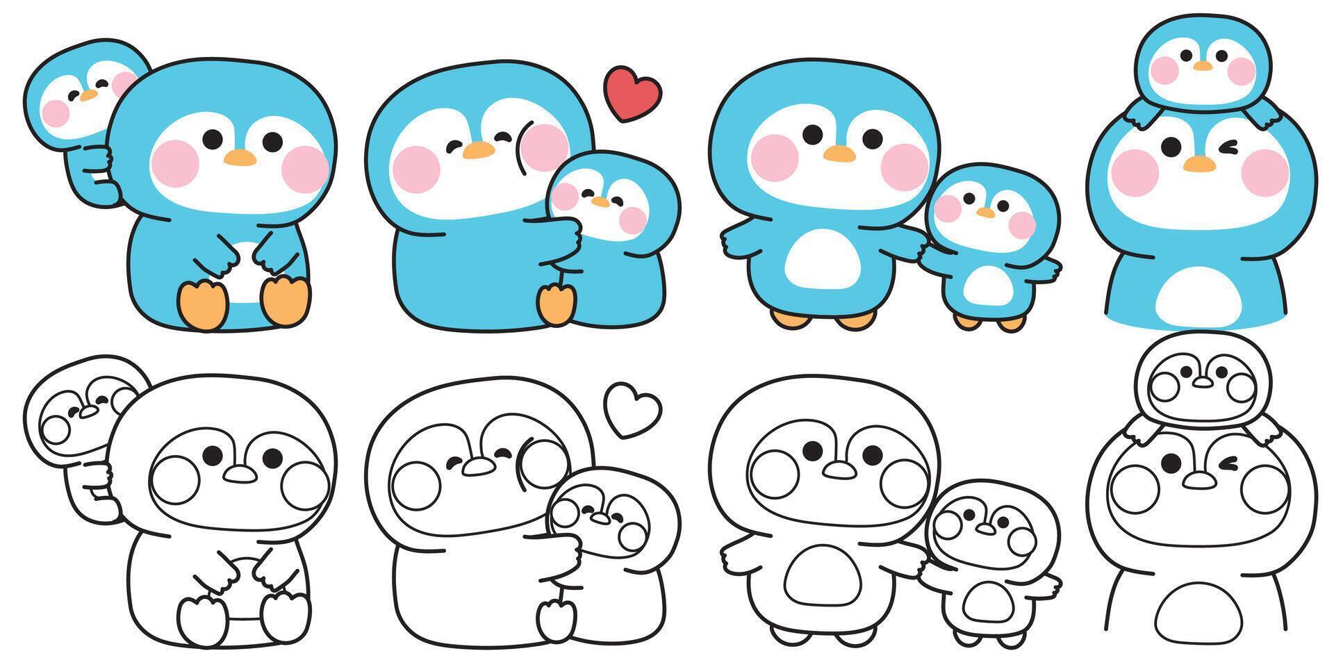 Coloring pages.No1.Set of cute mom penguin and baby in various poses.Mother day.Love.Arctic,polar,north pole.Bird animal character cartoon design.Painting book.Kawaii..Illustration. vector