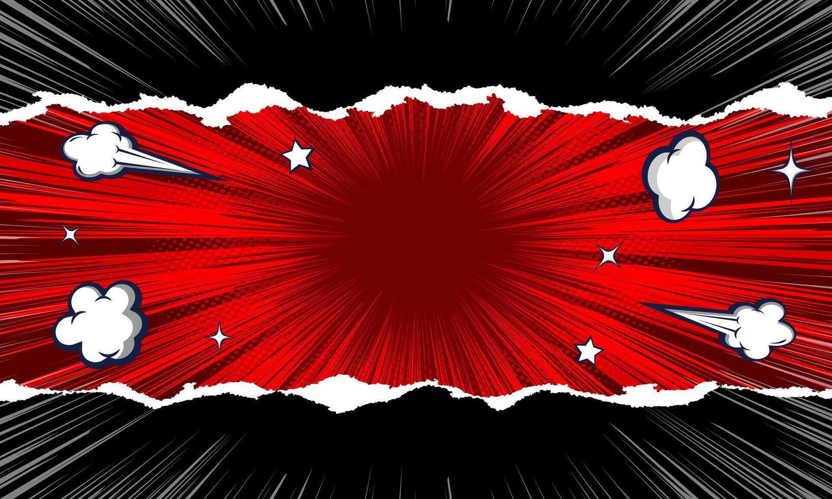 Pop art comic background with torn paper, red shine bright and dot halftone effect. Comic book cartoon speech bubble for text. Cartoon red burst background for text template. vector
