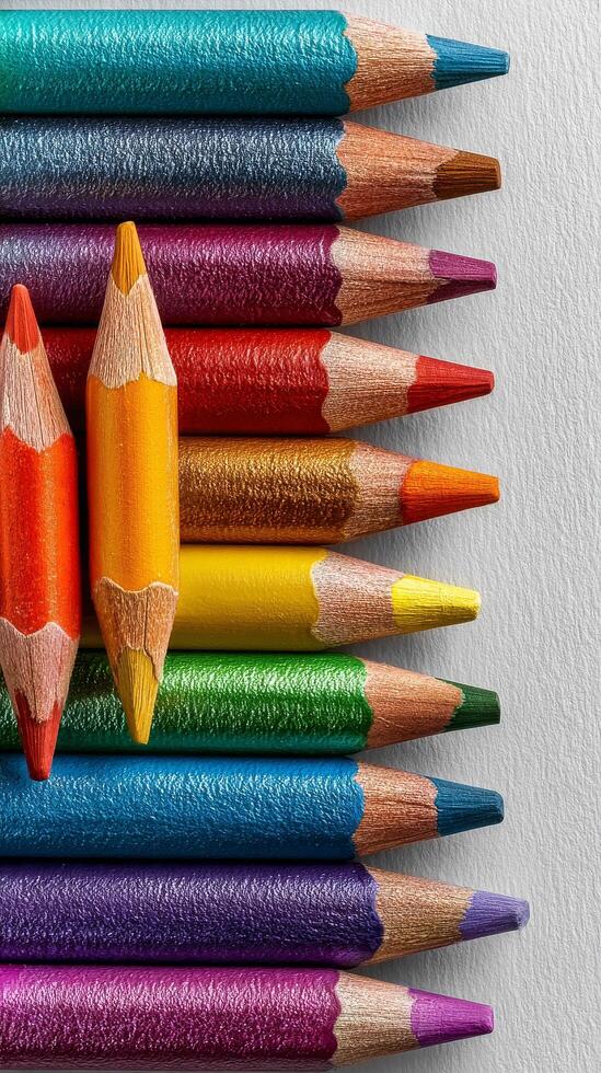 Colorful Assortment of Sharpened Colored Pencils Arranged on a Light Background. photo