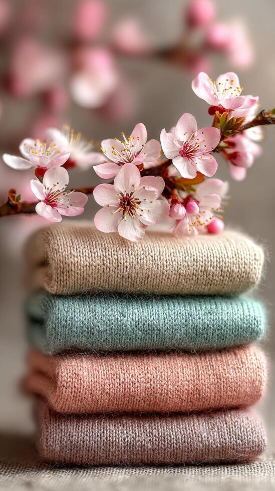Colorful Stack of Knitted Accessories Beside Blooming Cherry Blossoms in a Soft Spring Setting photo