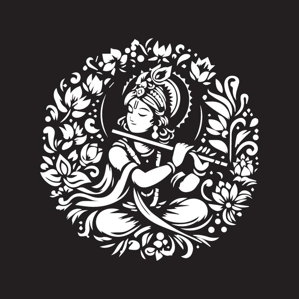 krishna, the lord of music, in a floral pattern vector