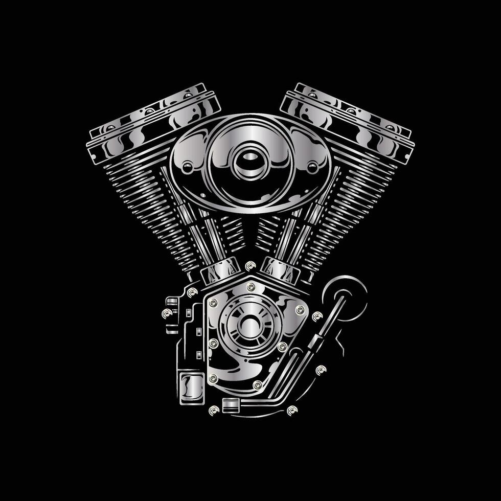 shows a polished, chrome motorcycle engine with a V-twin configuration vector