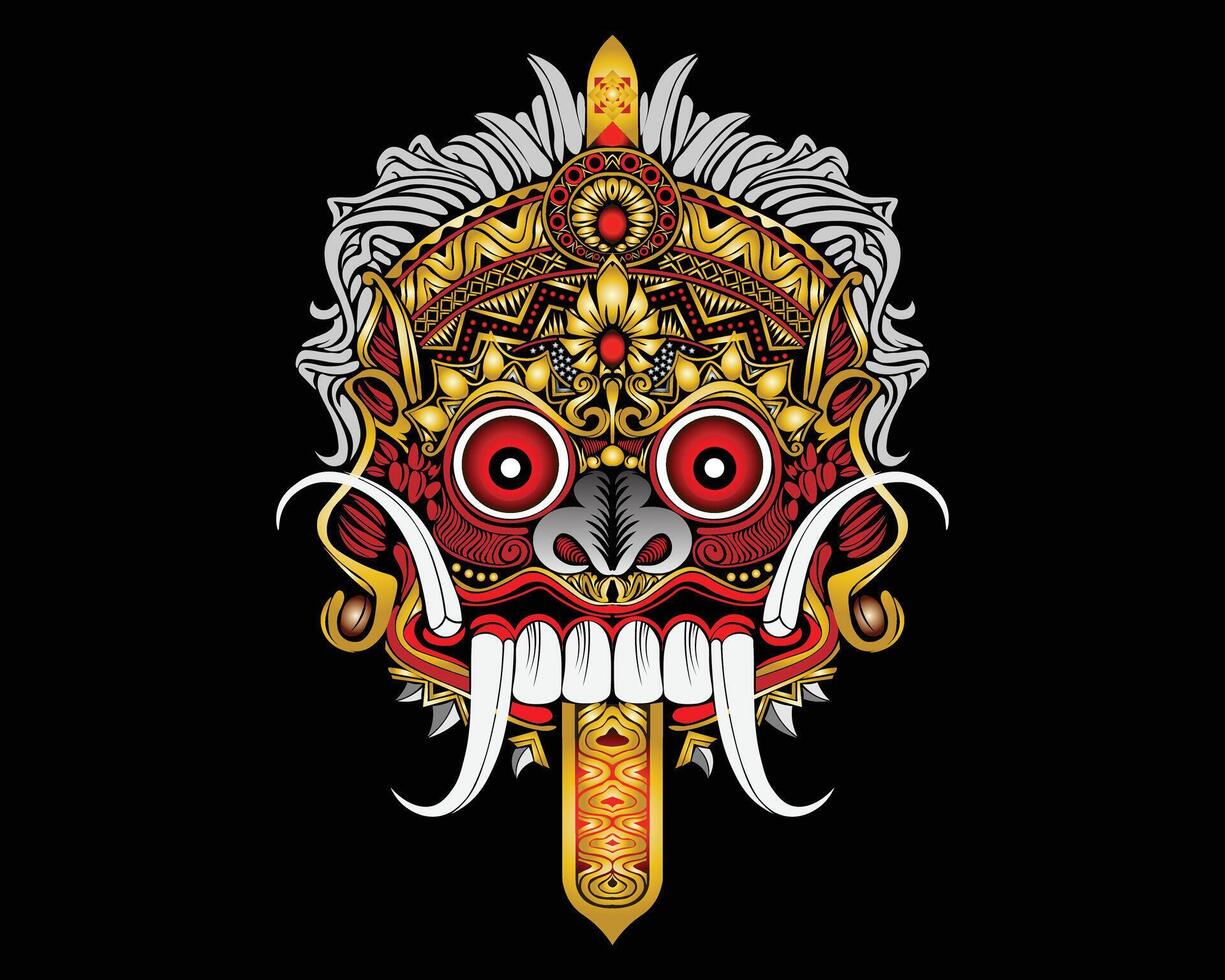 Balinese Leak mask ,red, gold, scary fangs vector