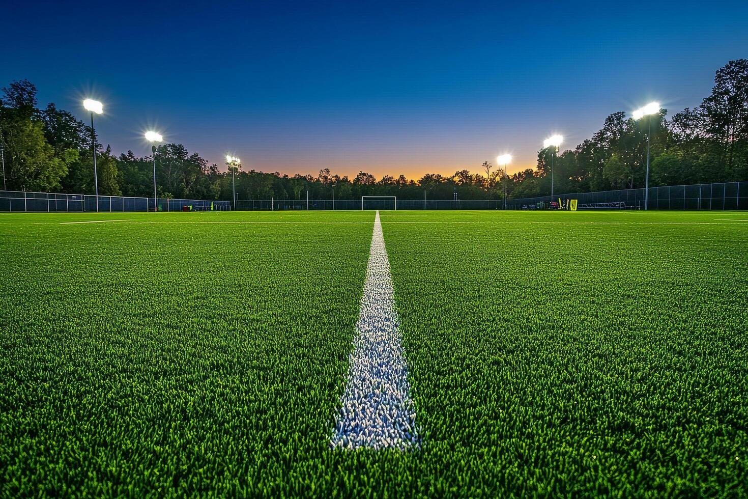 Brilliantly Lit Soccer Field at Dusk With Vibrant Grass and Twilight Sky photo