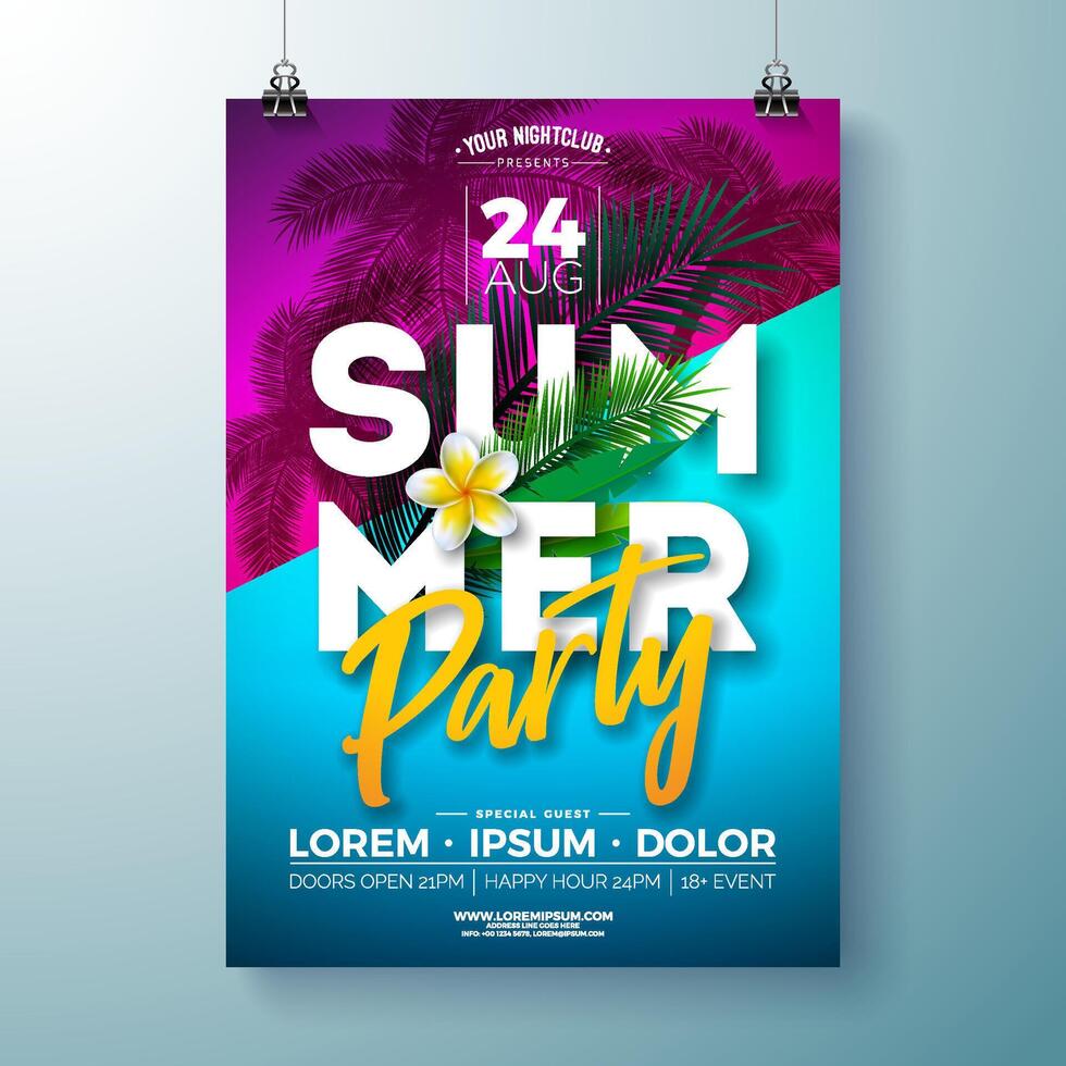 Summer party flyer with palm leaves vector