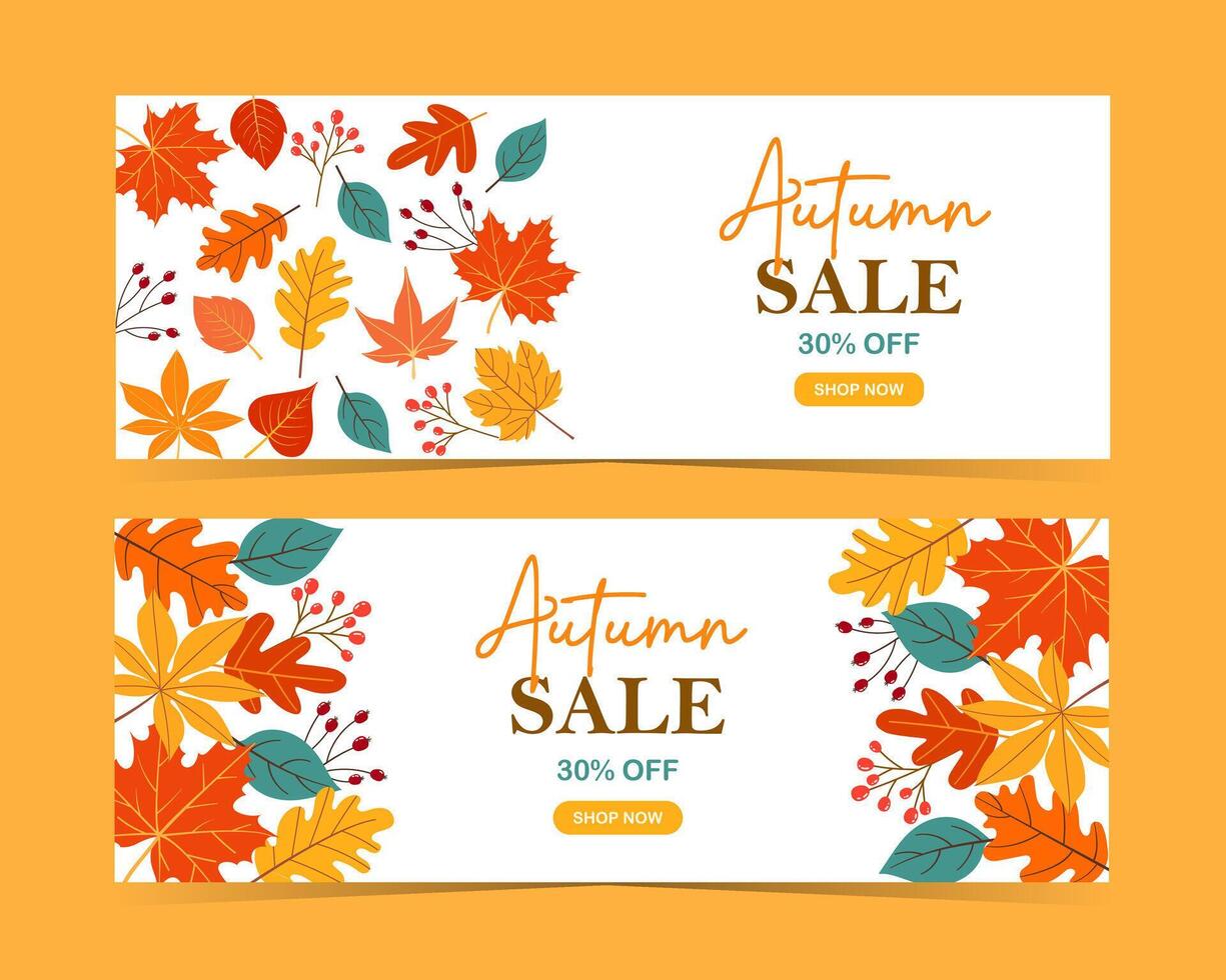 Autumn sale banner, poster or flyer set. illustration with frame of bright beautiful leaves on white, blue and red background. Template Set for advertising, web, social media and fashion ads vector