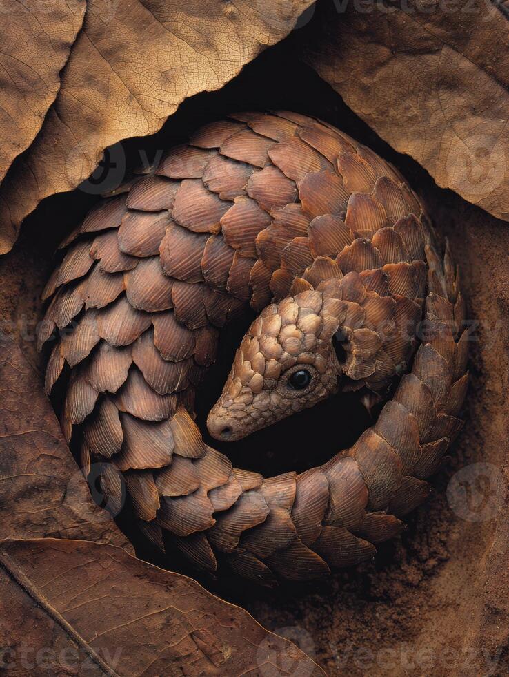Pangolin Curled Beneath a Leaf on a Soft Earthy Background in a Natural Setting photo