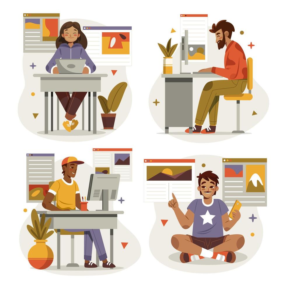 Blogger Hand Drawn Flat Composition Set vector