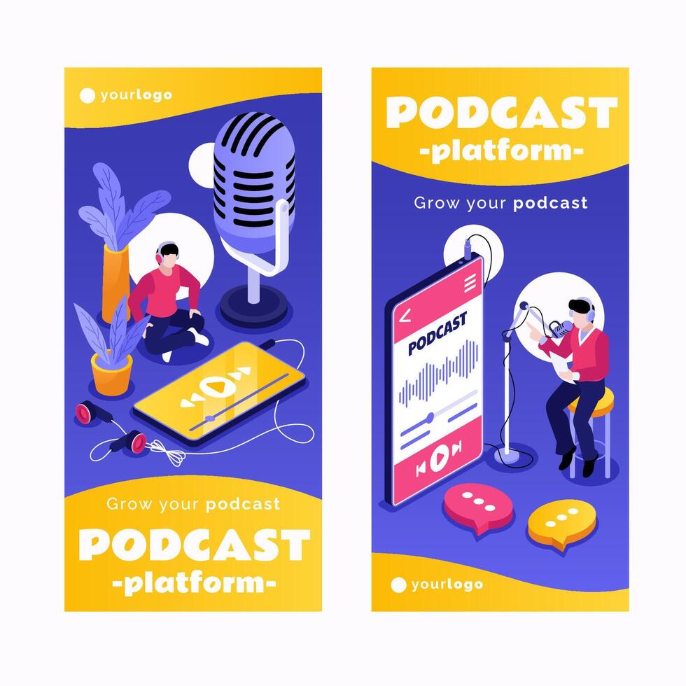 Podcast Isometric Vertical Banner Set vector