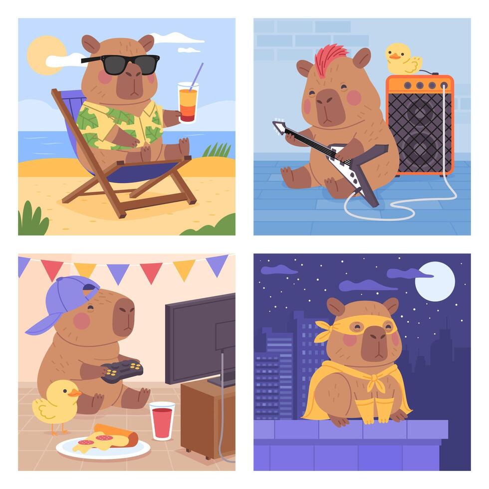 Cute Flat Capybara Activities Set vector